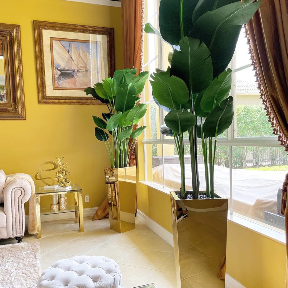 Duo Set – Tall Bird of Paradise in Gold Mirror Tower Planters
