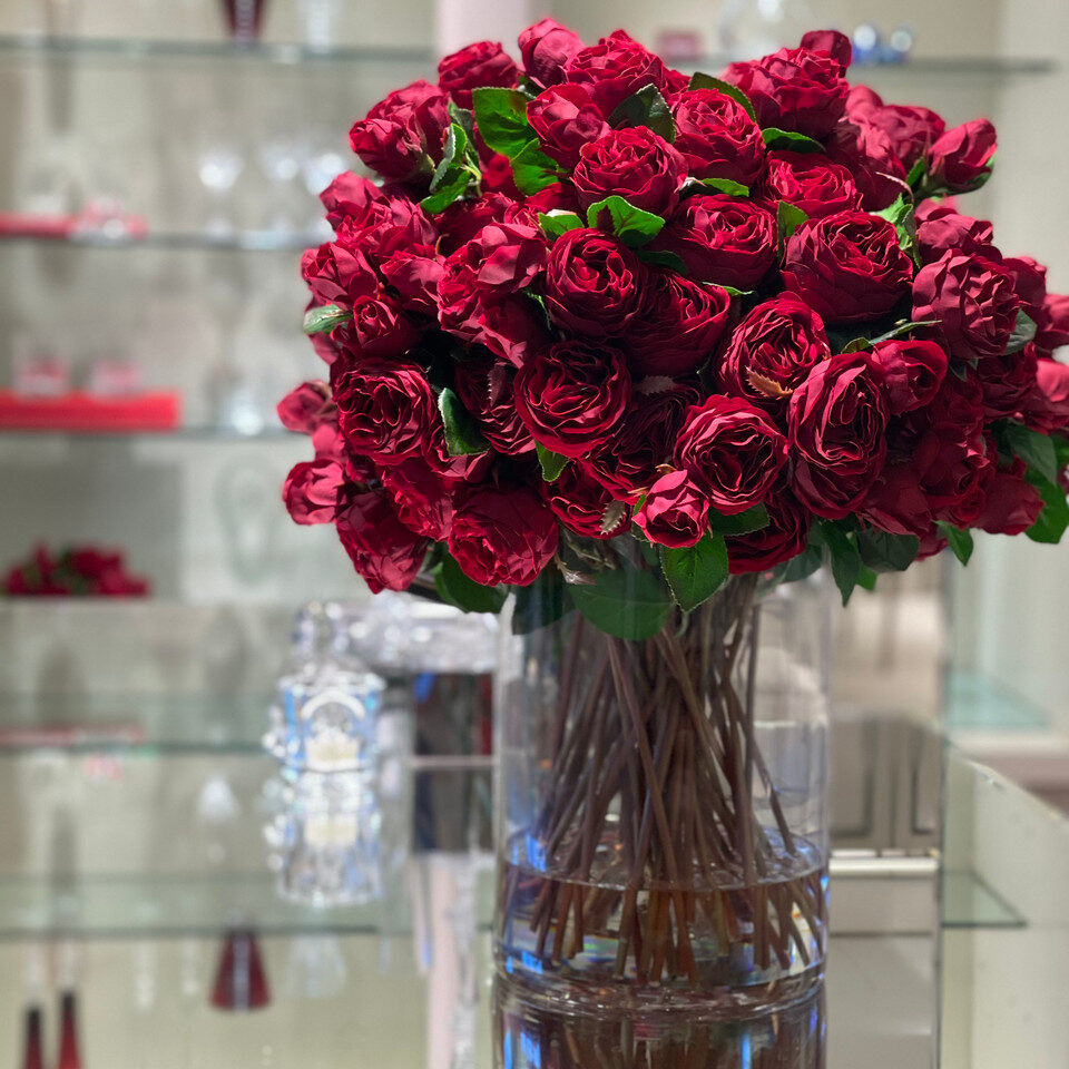 Grand Velvet Red Rose Dome in Tall Clear Glass Vase