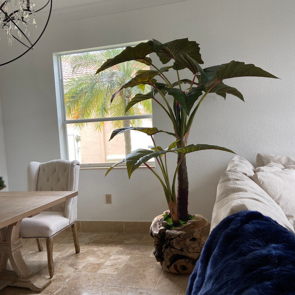 Luxury Artificial Alocasia Tree – Sculpted Teak Root Planter Edition