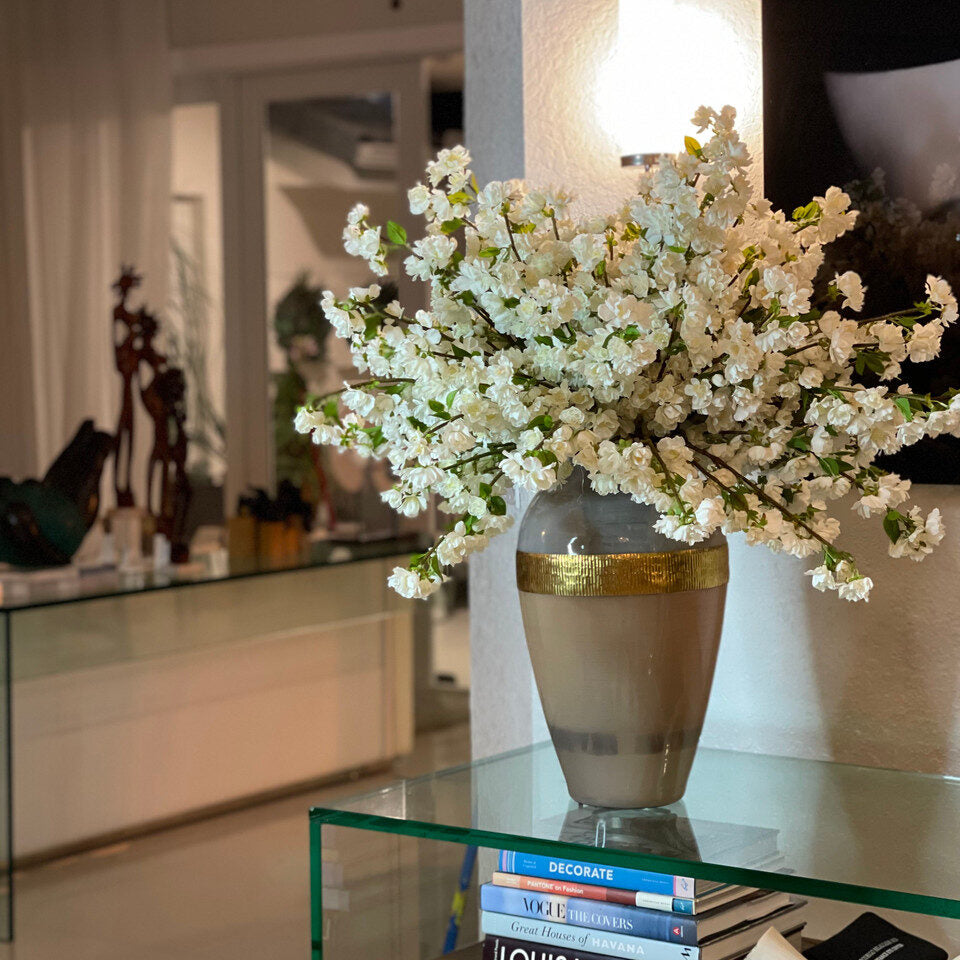 Elegant White Blossom Arrangement in Gold-Banded Ceramic Vase