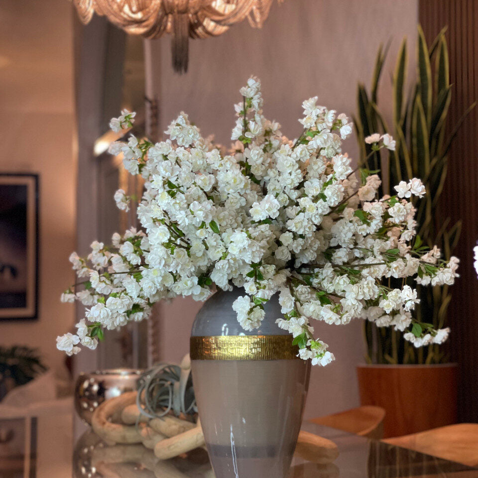 Elegant White Blossom Arrangement in Gold-Banded Ceramic Vase