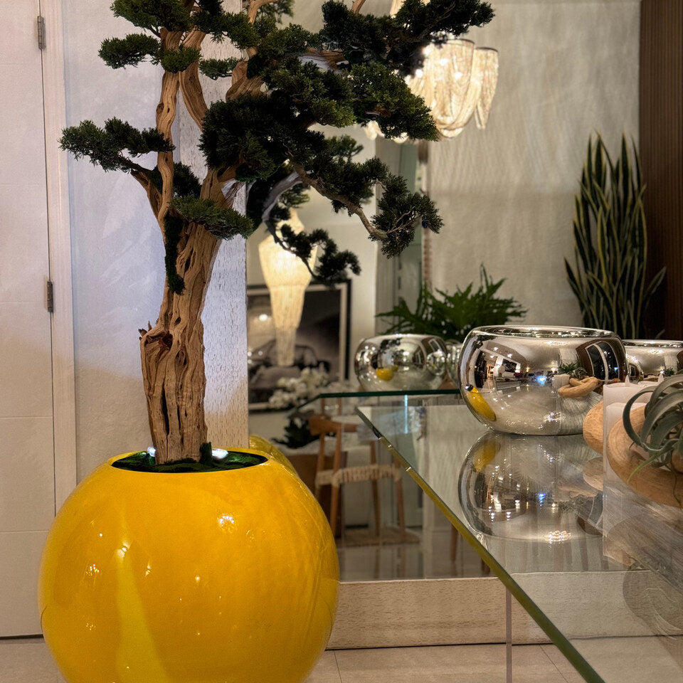 Luxury Artificial Bonsai Sculpture Tree – Gloss Yellow Sphere Vase Edition