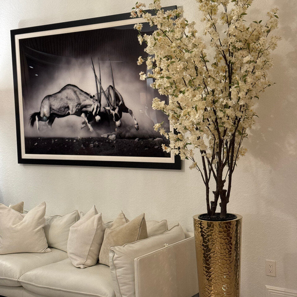 Luxury Artificial White Cherry Blossom Arrangement – Tall Gold Hammered Vase Edition