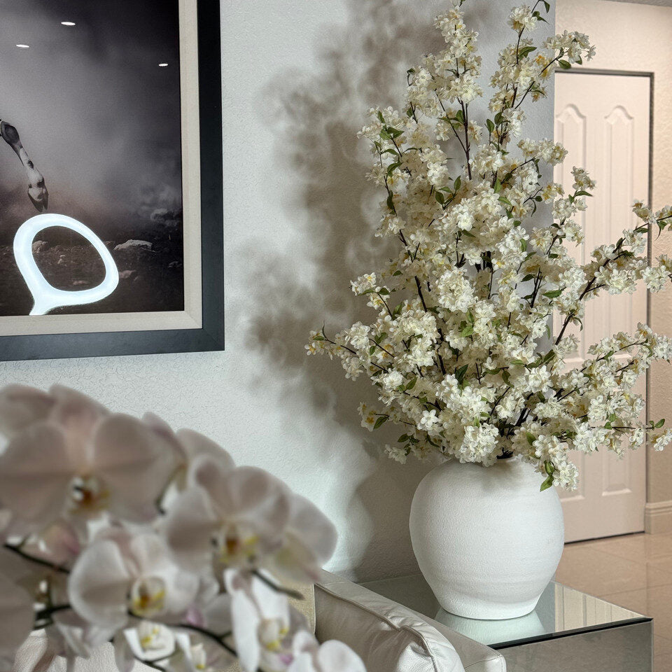 White Artificial Cherry Blossom Statement Arrangement – Textured Matte Ceramic Vase