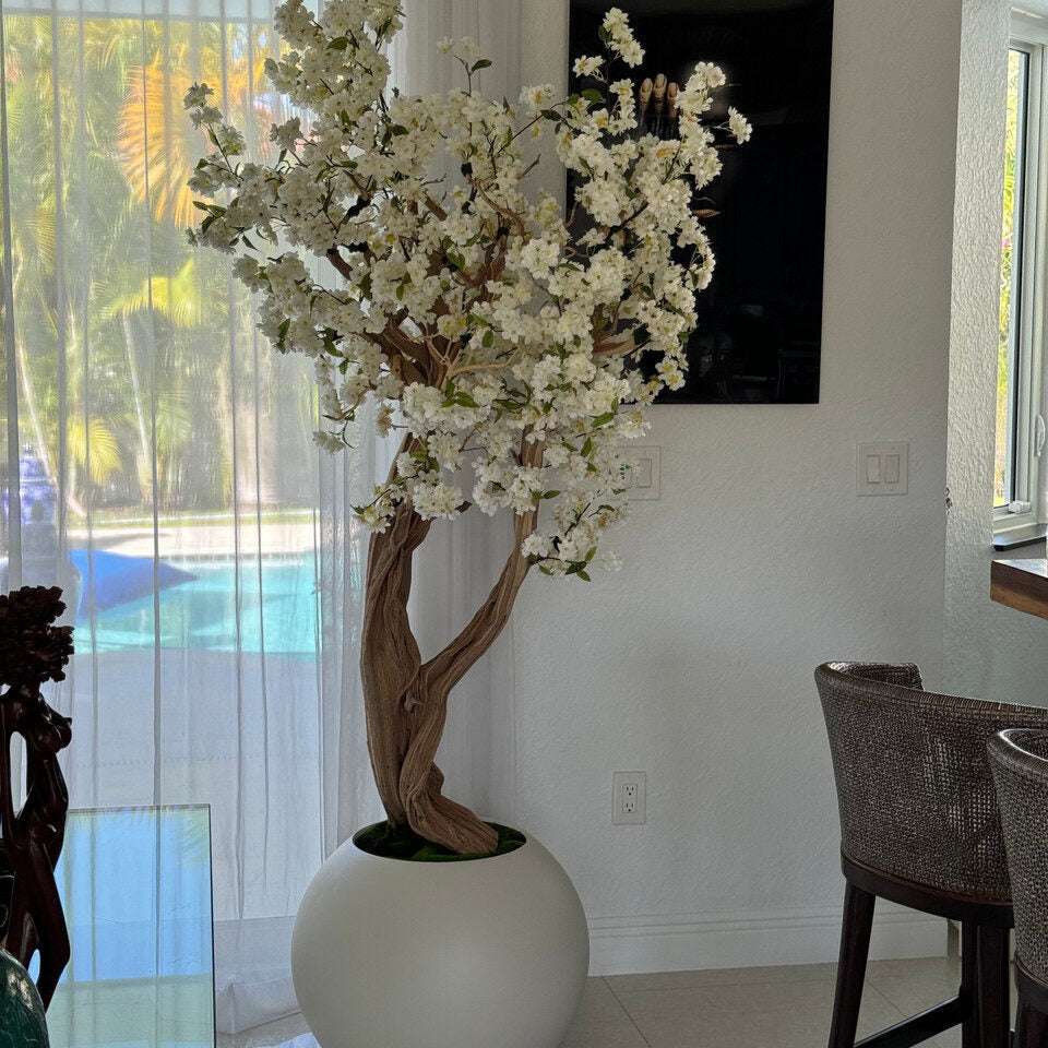 Premium Artificial White Cherry Blossom Tree – Matte Stone Round Vase Edition
