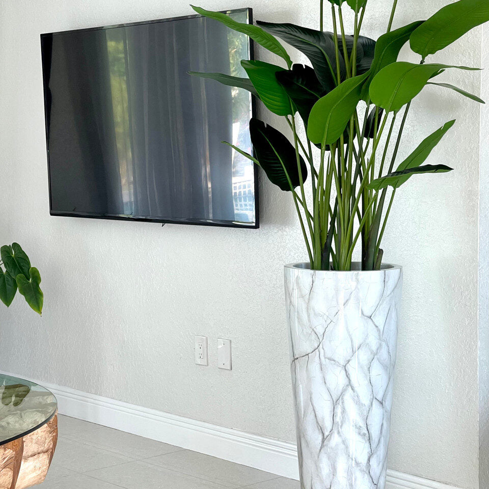 Luxury Artificial Bird of Paradise – White Marble Tall Vase Edition